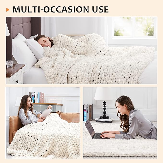 Chunky chenille knit throw blanket in off-white on a bed over a pillow