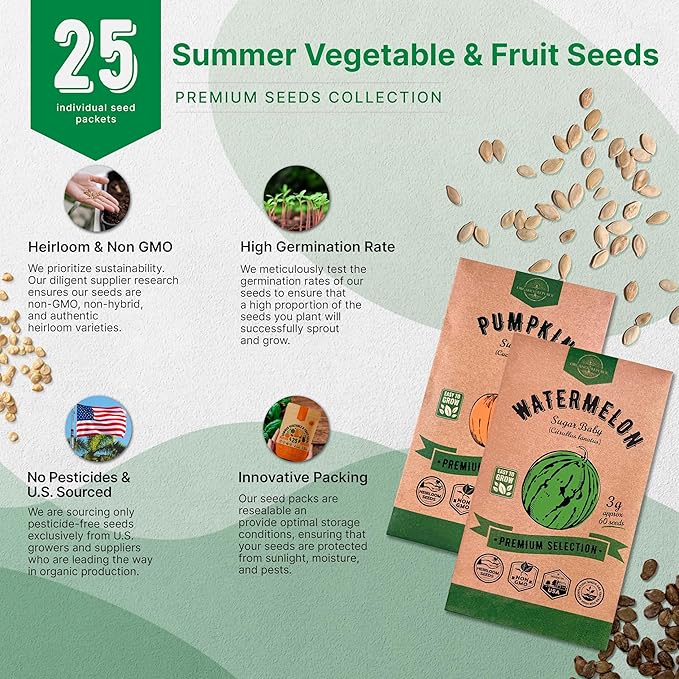 Seed variety pack with green and orange seed envelopes and scattered seeds