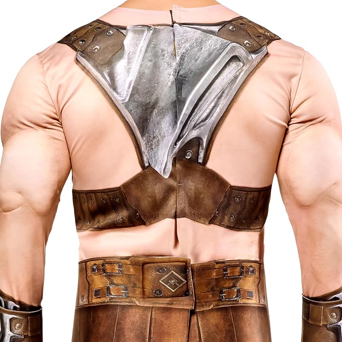 Men's He-Man costume back close-up: silver chest armor and brown belt with pouch panels