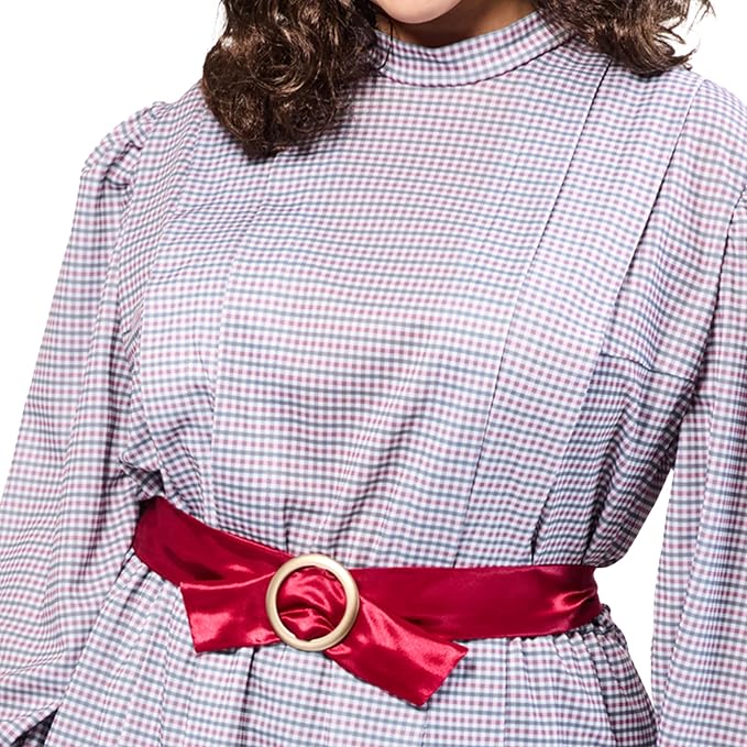 Plaid dress bodice with long sleeves and red satin heart-buckle belt