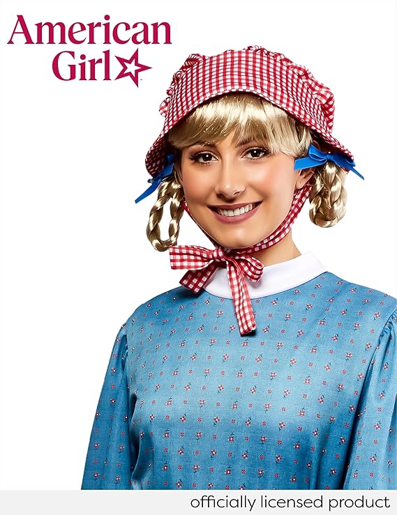 Blonde braided ponytail wig with bangs and blue ribbon bows under red check cap