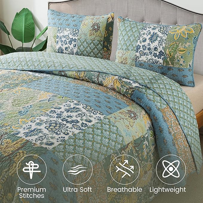 Reversible-style quilt set with floral patchwork bedspread and matching decorative pillows