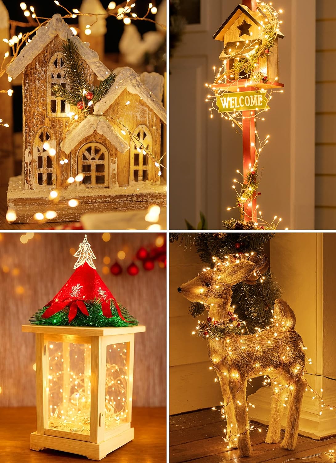 Warm white fairy lights used on a lantern, tree, and decorative figure display.