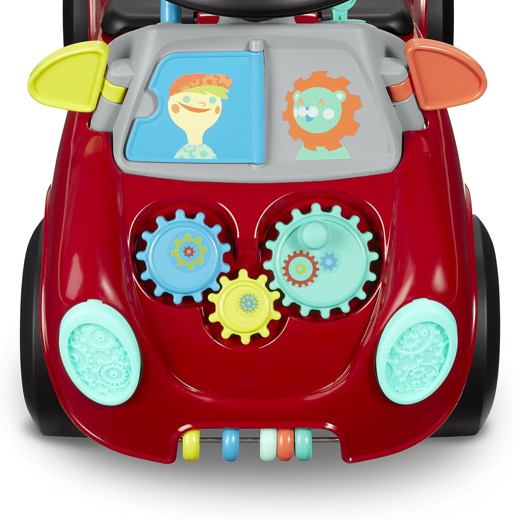Red toddler ride-on car front panel with blue/yellow lights, gear dials, and headlight dots.
