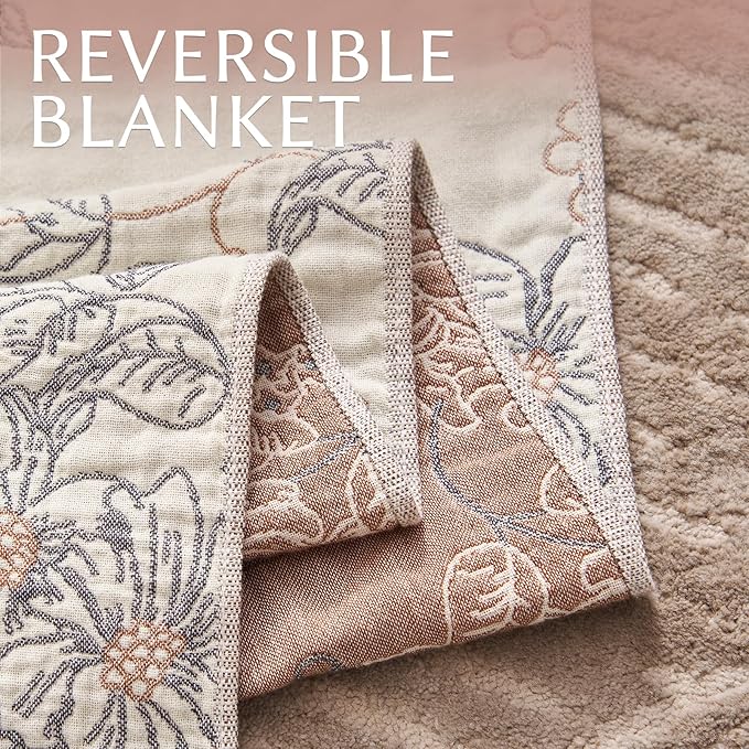 Reversible-style close-up of taupe-and-white floral blanket with stitched border