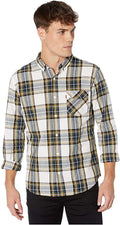 Men's plaid button-down shirt with chest pocket, long sleeves, light cream and dark blue