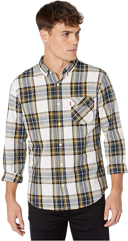 Men's plaid button-down shirt with chest pocket, long sleeves, light cream and dark blue