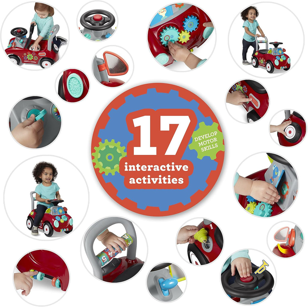 Red toddler ride-on car features collage: activities, gears, steering, and safe side handle