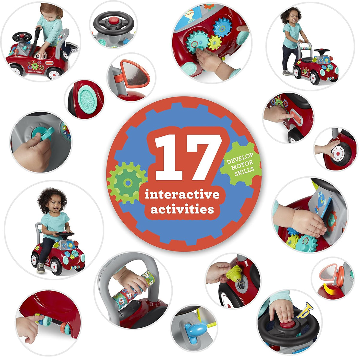 Red toddler ride-on car features collage: activities, gears, steering, and safe side handle