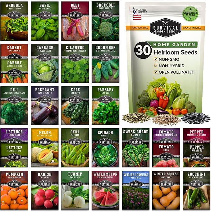 Home garden heirloom seed set, 30 non-GMO open-pollinated vegetable varieties