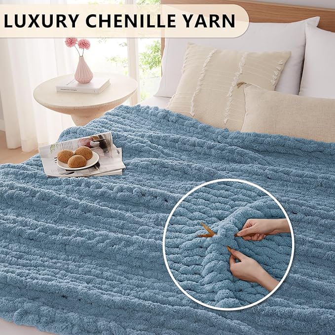 Chunky chenille knit throw blanket in airy blue with dense cable texture