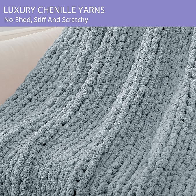Dusty blue chenille-style chunky knit throw blanket close-up of raised stitch rows