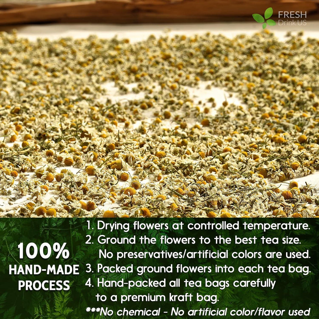 Dried chamomile herb blend for tea bags, ready for grinding and packing