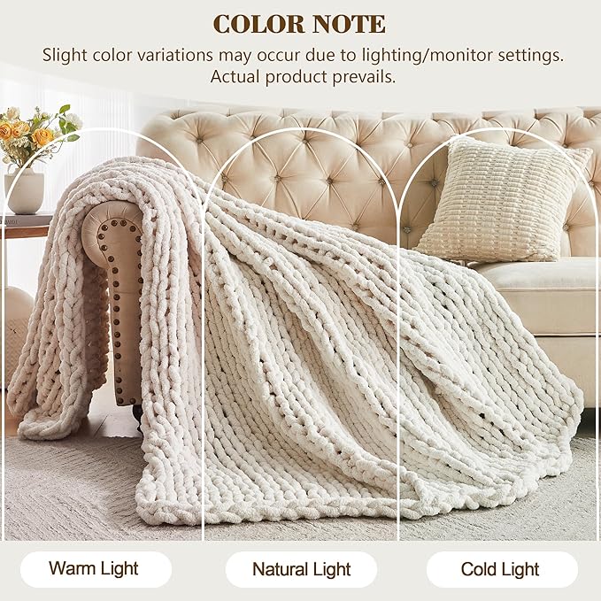 Cream chunky knit throw blanket draped on sofa, ribbed loop cable texture