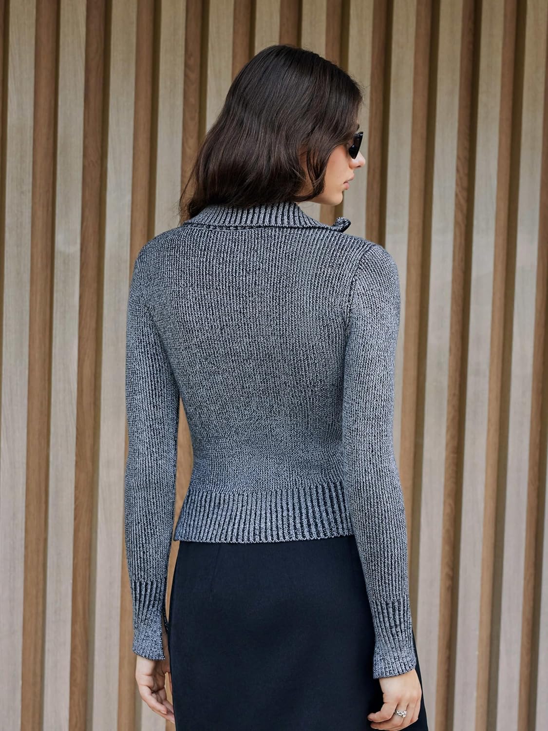 Grey ribbed knit cardigan sweater with knit hem and full sleeves
