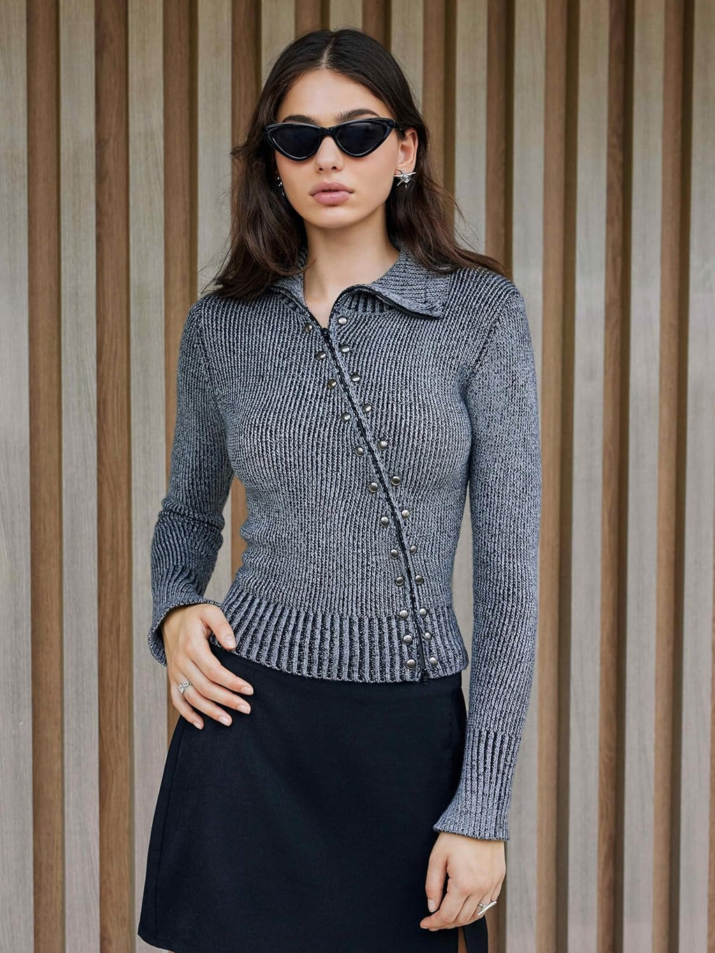 Grey textured knit cardigan sweater with stand collar and button-snap front