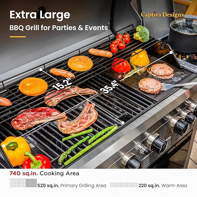 Open BBQ grill with cooking grates and food, six burners with control knobs