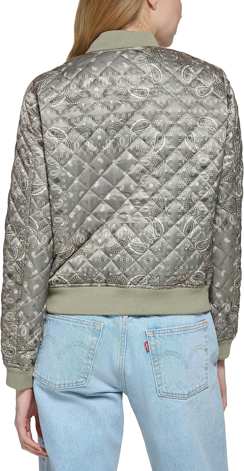 Back view of gray paisley quilted bomber jacket with diamond stitching and ribbed hem