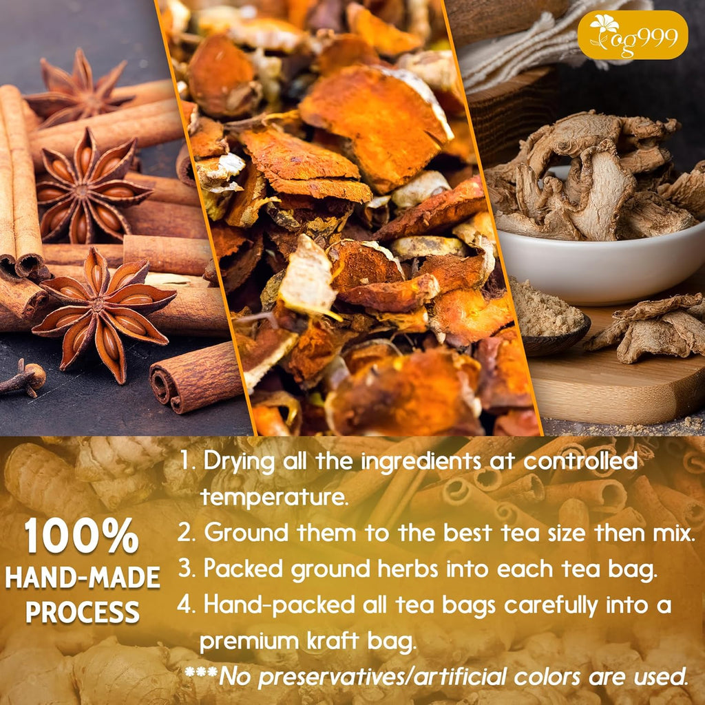 Assorted tea ingredients: turmeric root slices, cinnamon sticks, star anise, and ginger pieces