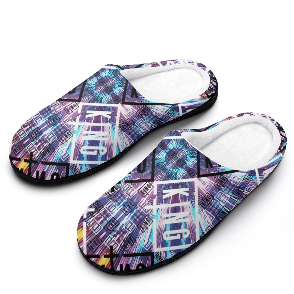Pair of slip-on slippers with purple-blue city-tech print and black textured soles