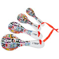 Cat portrait measuring spoon set with red ribbon ties, stamped 1 tsp and 1 tbsp