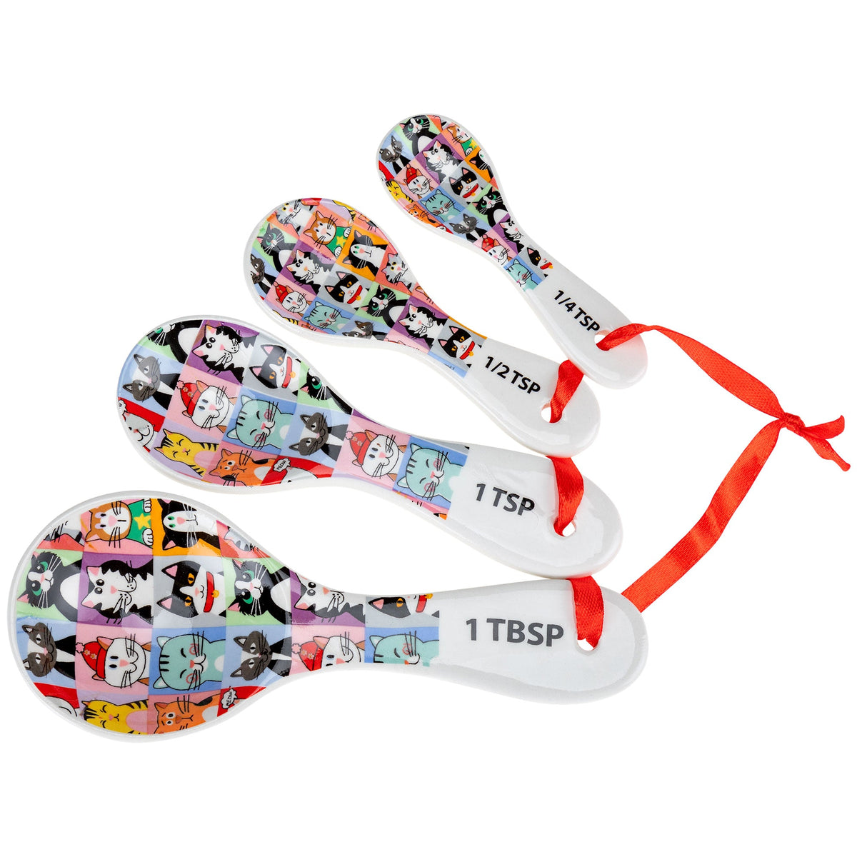 Cat portrait measuring spoon set with red ribbon ties, stamped 1 tsp and 1 tbsp