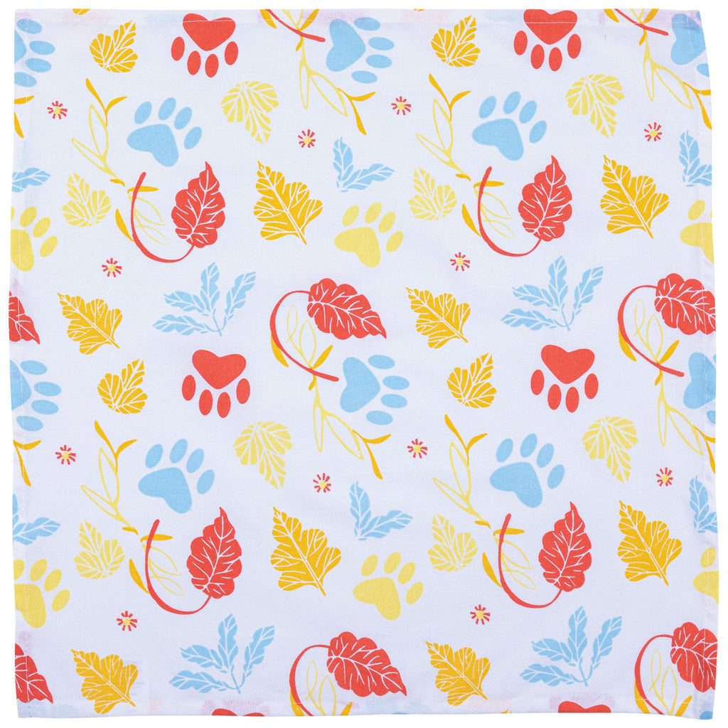 White table napkin with multicolor paw, leaf, and heart pattern, flat view