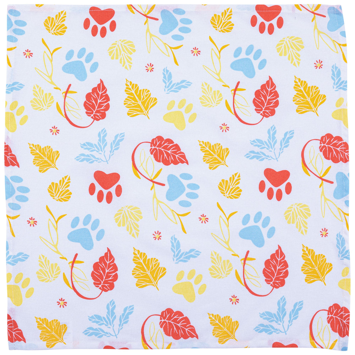 White table napkin with multicolor paw, leaf, and heart pattern, flat view