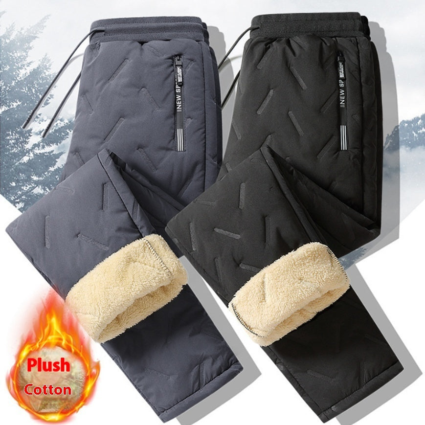 Men’s quilted insulated sweatpants in gray and black, plush sherpa cuffs, drawstring waistband