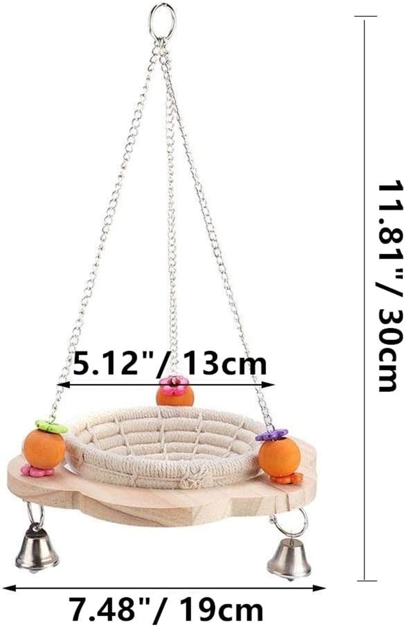 Bird nest swing hammock with wooden platform, rope basket, chains and bells; 19 cm wide