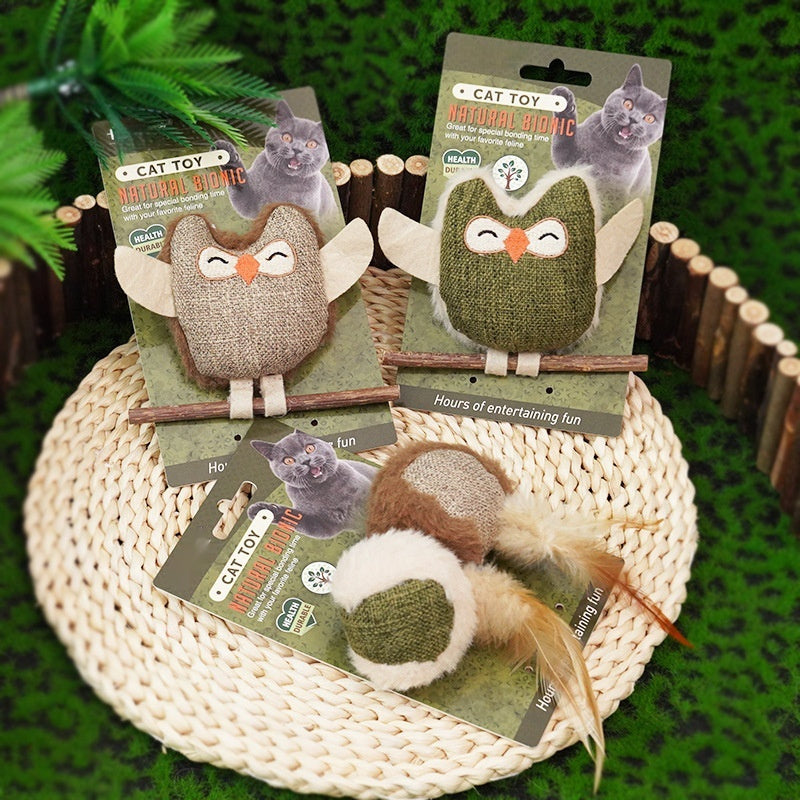 Catnip owl teething stick toy with green plush and feather tail