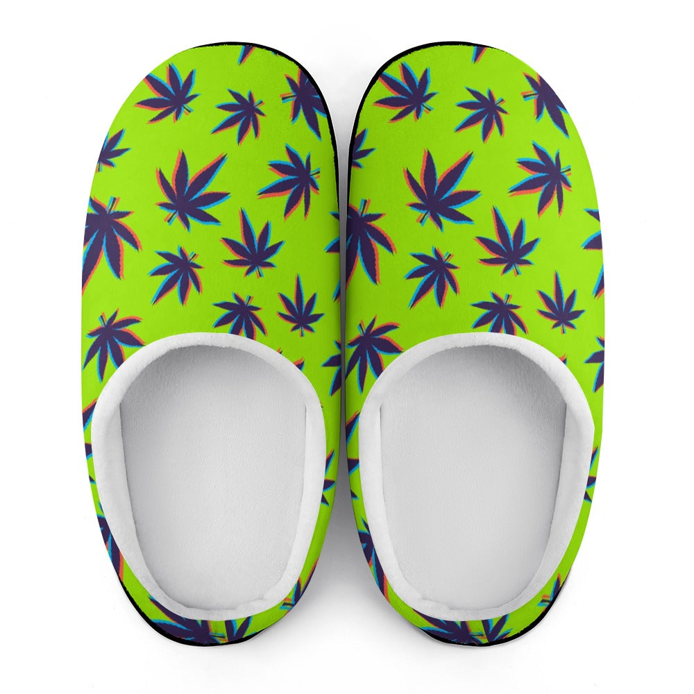 Neon green cotton slippers, front view pair, white interior openings and slip-on fit