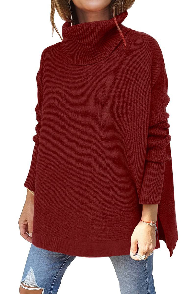 Women's wine red turtleneck sweater tunic, batwing sleeves and slit hem