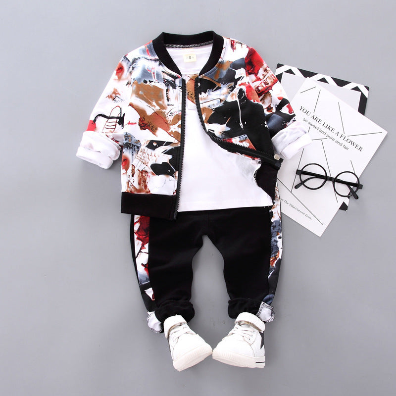 Boys' three-piece outfit with open print jacket, white shirt, and black pants