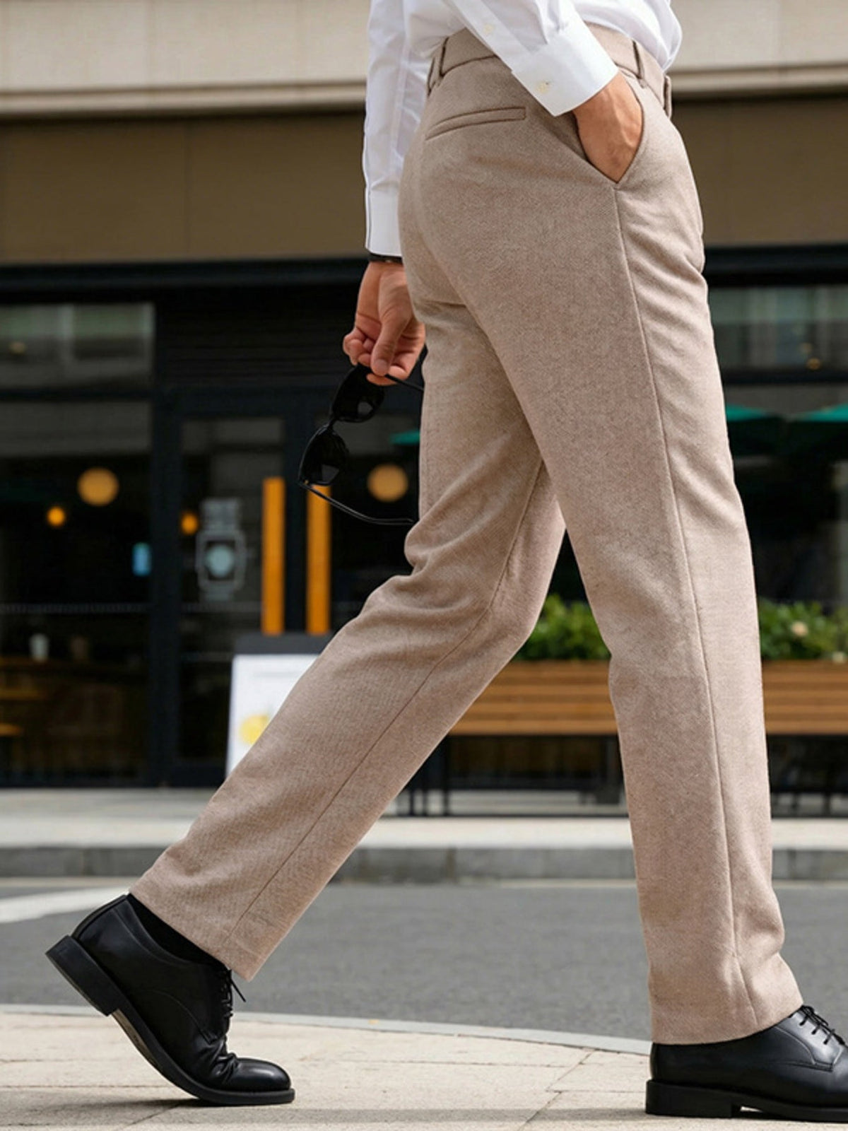 Men's classic-fit dress pants, light taupe, tailored seams and belt loops