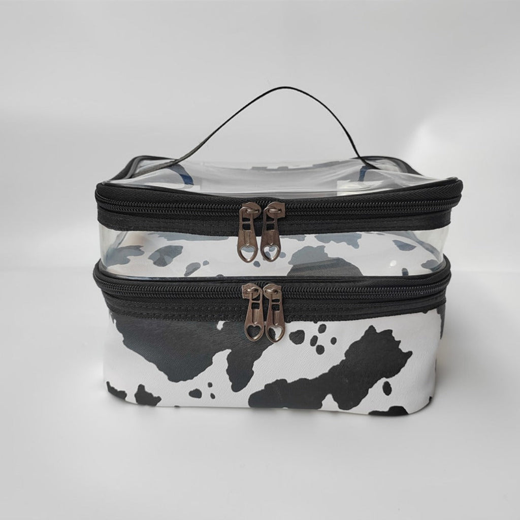 Double-layer transparent cosmetic bag with cow print and black double zip closures
