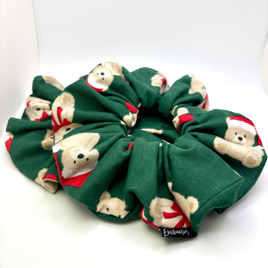 Green scrunchie with teddy bear holiday pattern, full round gathered ruffle