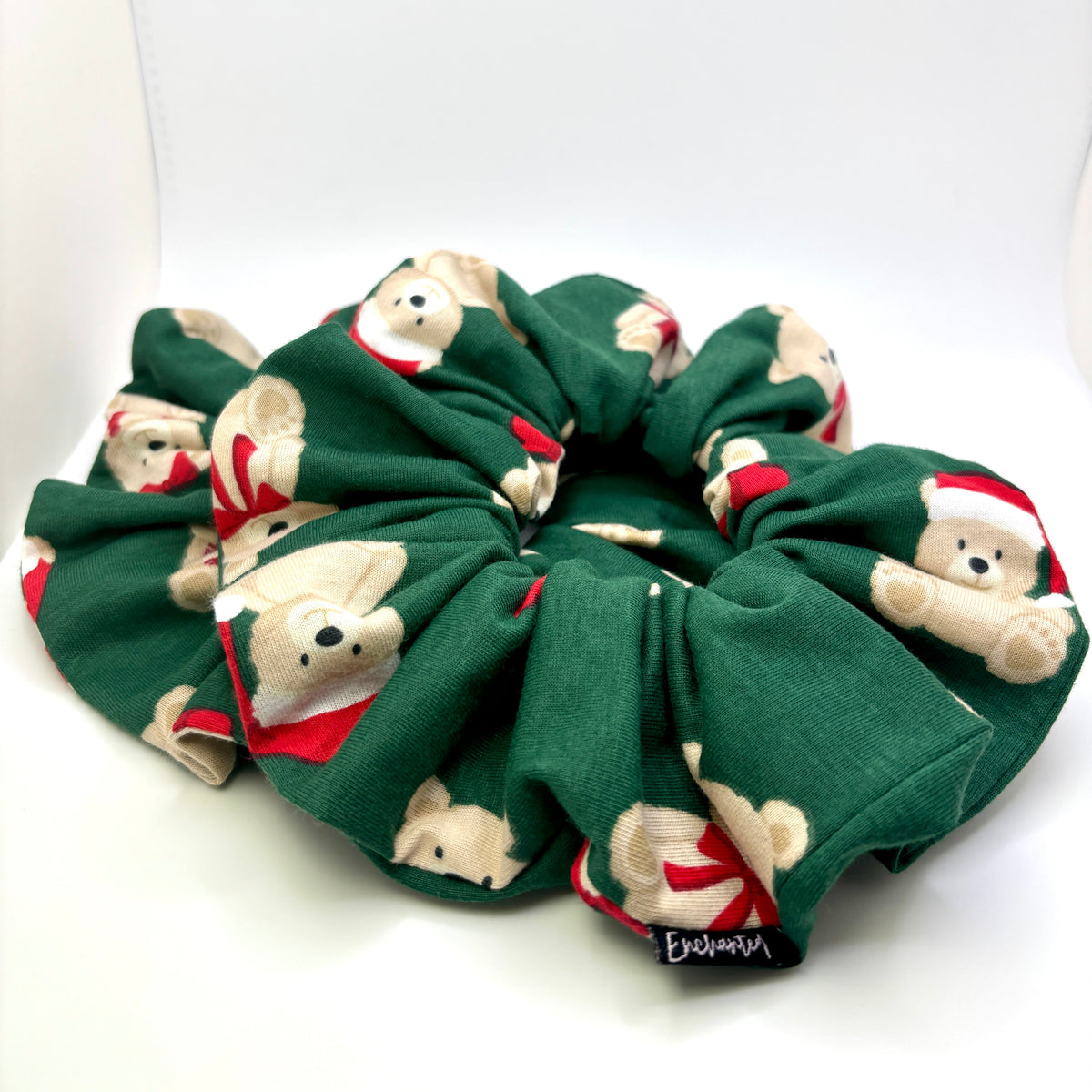 Green scrunchie with teddy bear holiday pattern, full round gathered ruffle