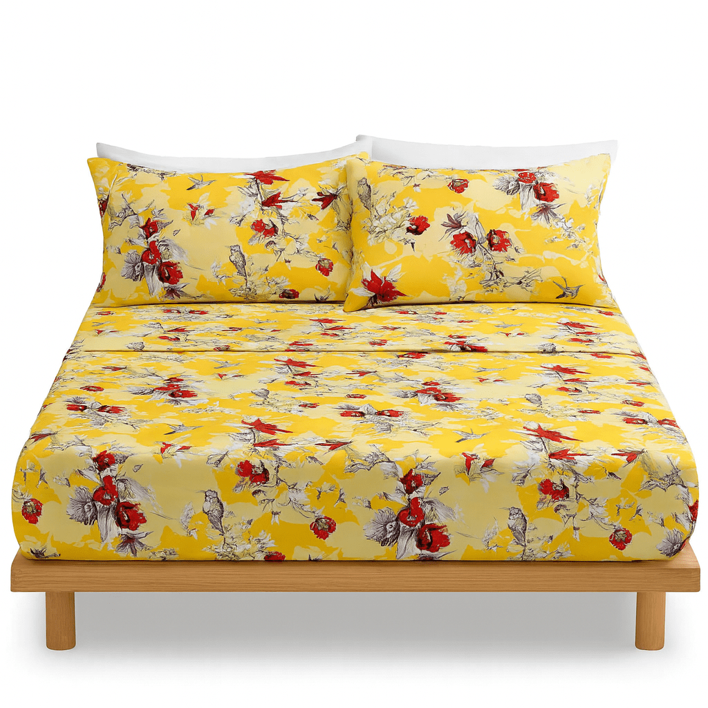 Yellow hummingbird and floral bed sheet set with two matching pillowcases