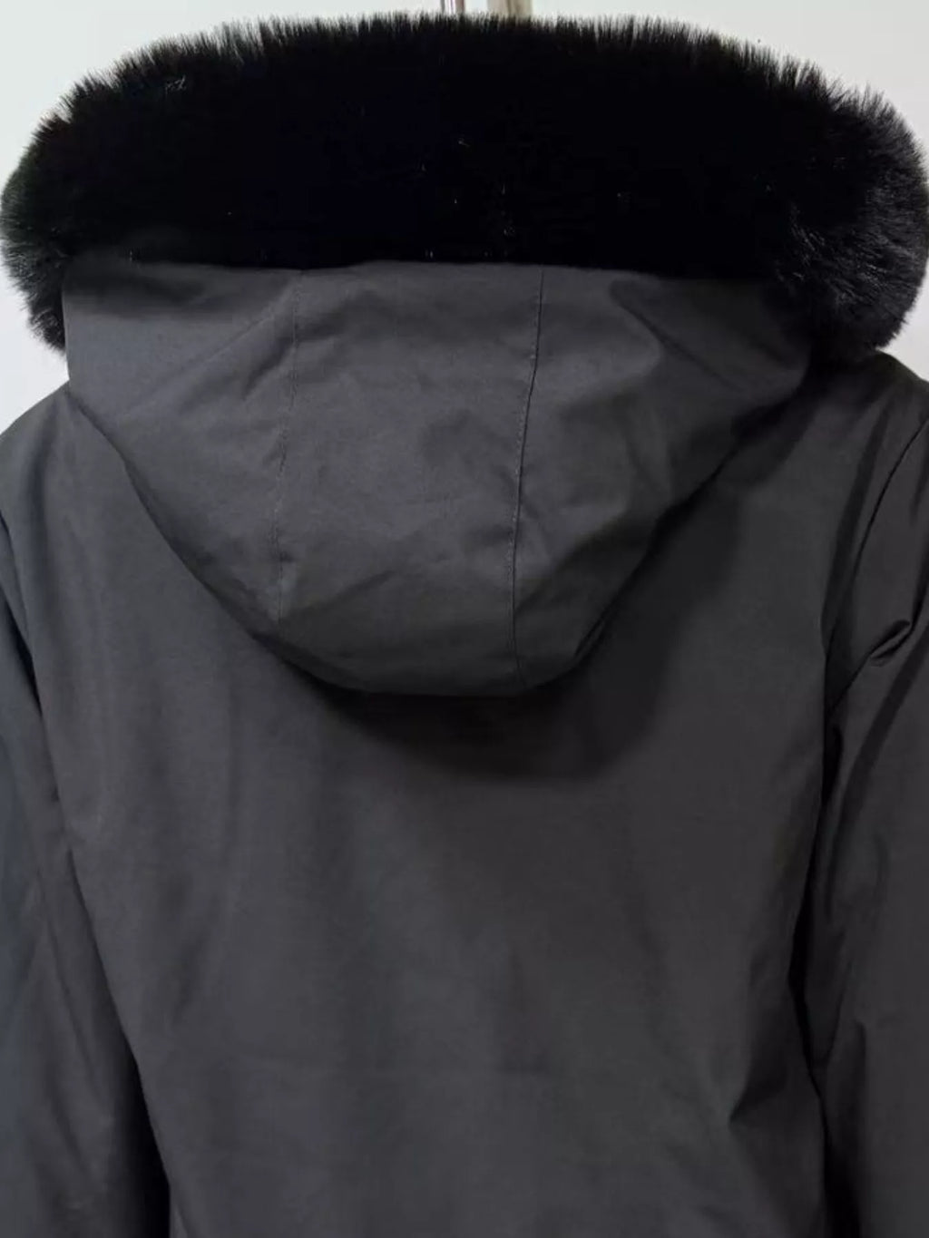 Plus-size winter parka hood, black fur trim with attached hood lining