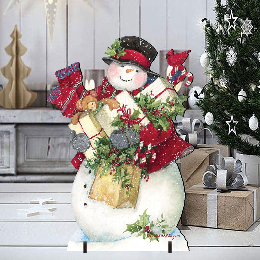 Front view Christmas yard decoration sign featuring snowman with gift box and wreath details