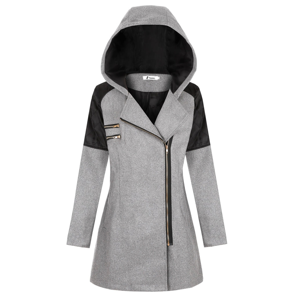 Women’s two-tone wool coat with hood, diagonal full zip, light gray body and black sleeves