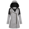 Women’s two-tone wool coat with hood, diagonal full zip, light gray body and black sleeves