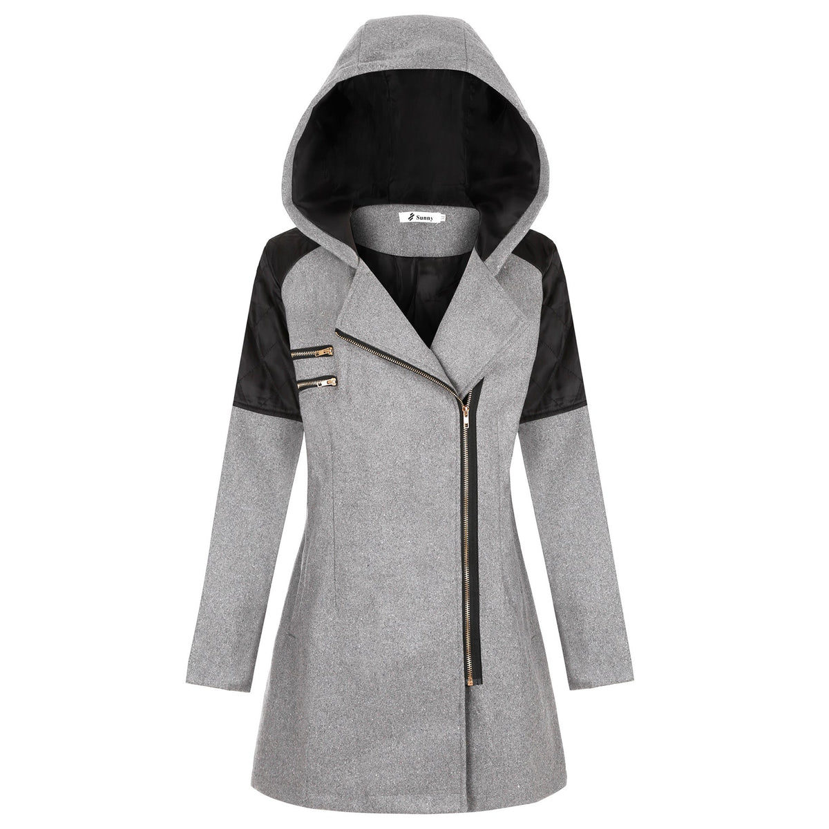 Women’s two-tone wool coat with hood, diagonal full zip, light gray body and black sleeves