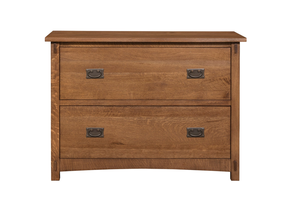 Walnut-stain 2-drawer lateral file cabinet front view with metal handles