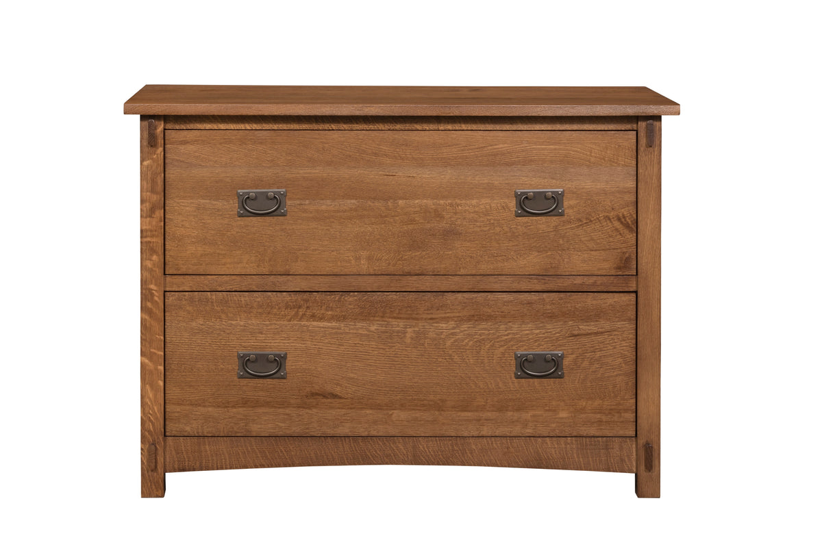 Walnut-stain 2-drawer lateral file cabinet front view with metal handles