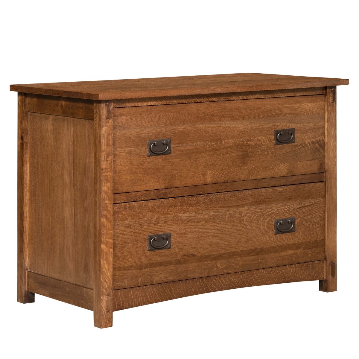 Walnut-stain 2-drawer lateral file cabinet with four metal drawer pulls