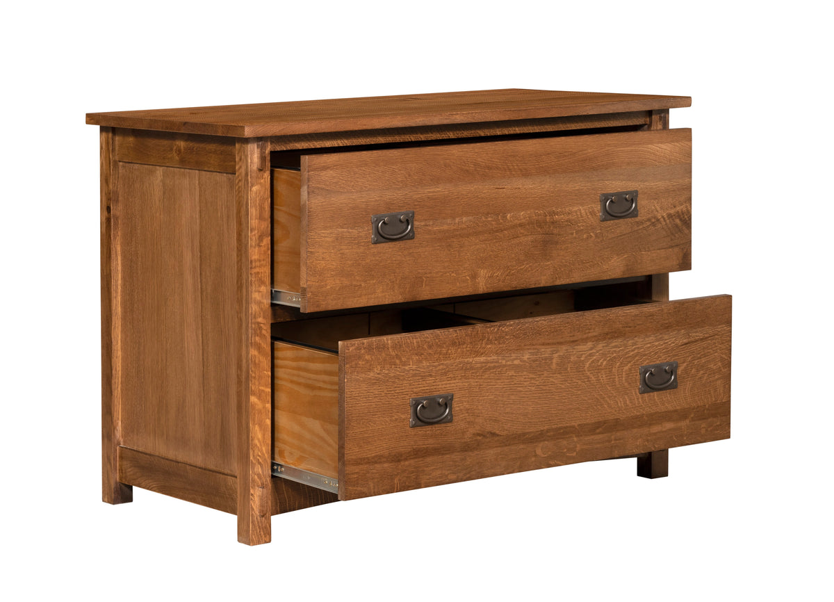 Walnut-stain 2-drawer lateral file cabinet with one drawer open