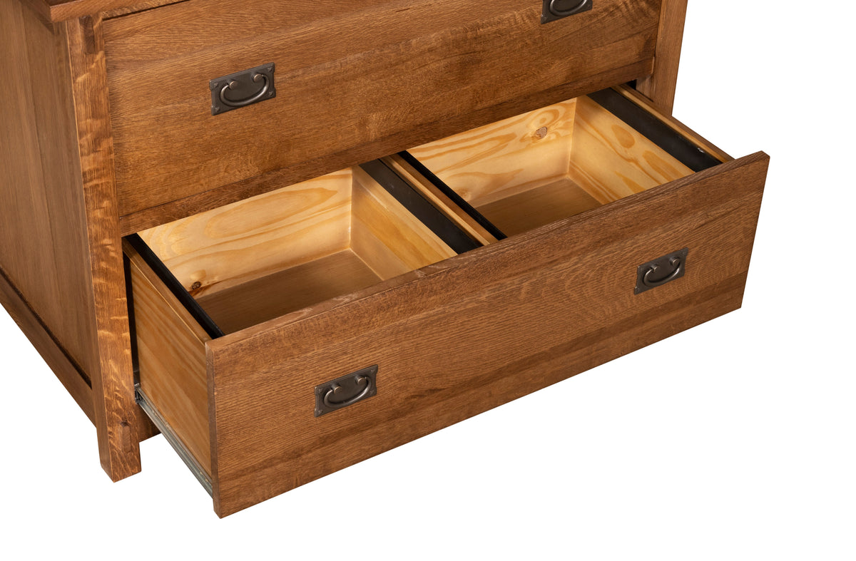Walnut-stain 2-drawer lateral file cabinet with open drawers and metal pulls