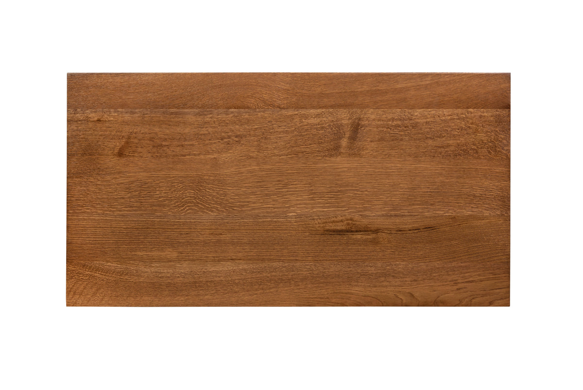 Walnut-stained oak lateral file cabinet drawer front with visible wood grain